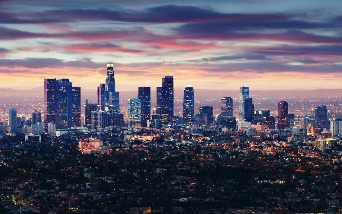 City of Los Angeles California at sunset with light trails City of Los Angeles California at sunset with light trails